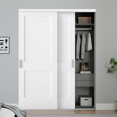 Portes de placard coulissantes 60 po x 80 po à 2 panneaux lisses et blanches avec trousse d'installation et quincaillerie d'installation en nickel satiné