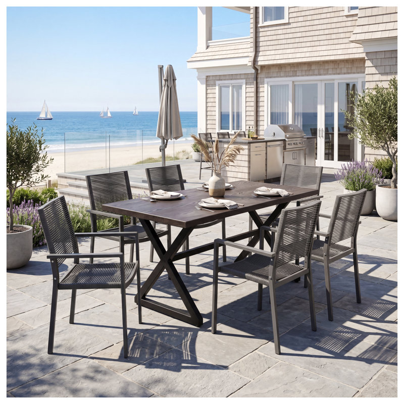 Ensemble de salle à manger 7 pièces en aluminium et corde tissée, meubles de patio gris et brun avec 6 chaises