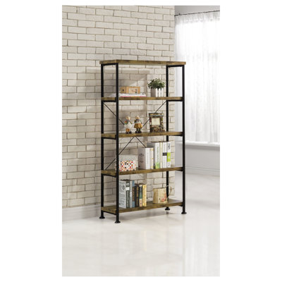 Bibliothèque antique en bois de couleur muscade et noir à 4 étagères avec dos ouvert, idéale pour un bureau à domicile ou un salon.
