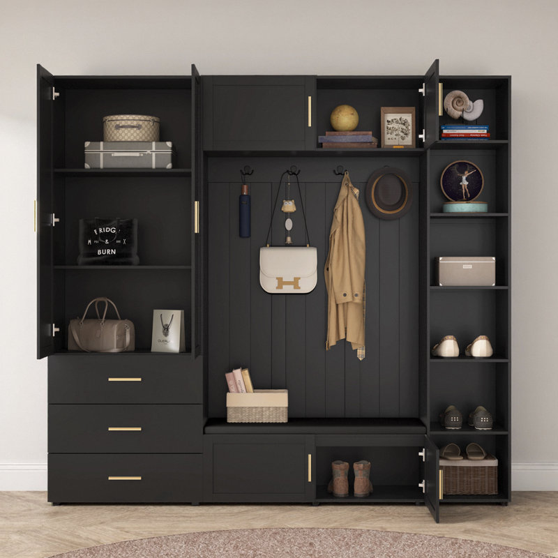 American Style 4-in-1 Hall Tree with Padded Bench Entryway Organizer, 4 Hooks & Adjustable Storage Shelves for Mudroom, Hallway