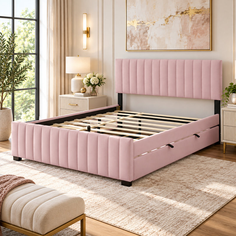 Grand lit plateforme tapissier en velours avec très grand lit simple TG, Pink
