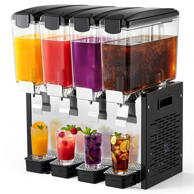 Distributeur de boissons professionnel à 4 réservoirs de 10 L/10,6 QT chacun, distributeur de jus en acier inoxydable, machine à thé glacé avec une température de refroidissement de 7 à 12 °C (45 à 54 °F), idéal pour les boissons fraîches dans les restaurants, bars et fêtes.