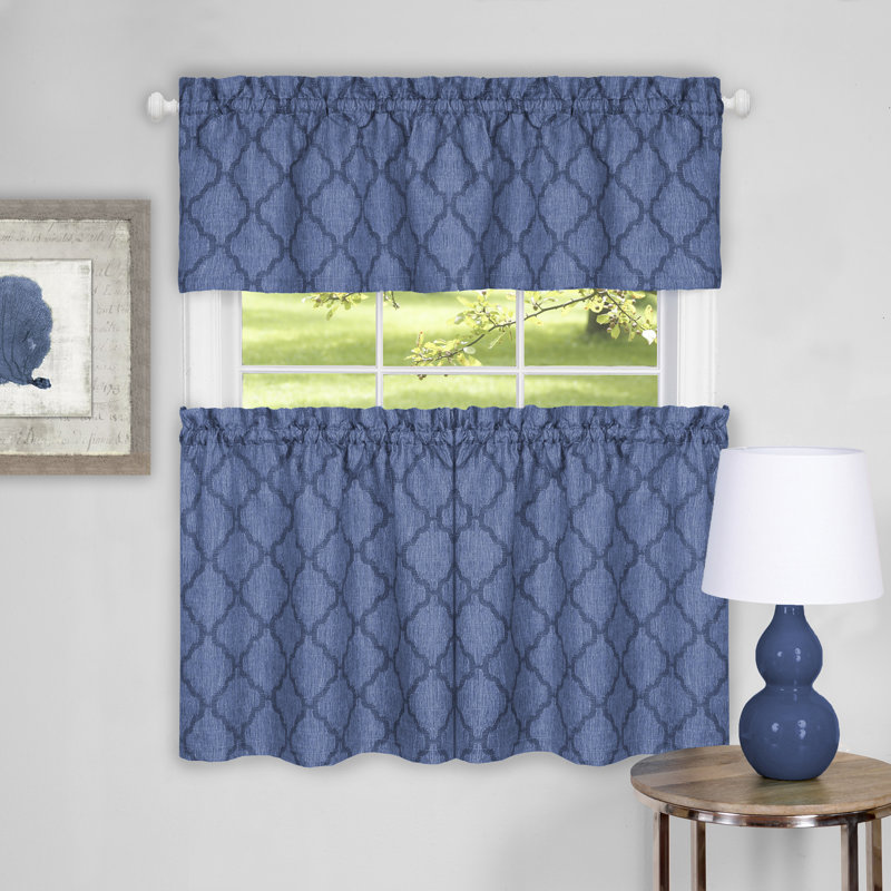 Zoey Geometric Tailored Kitchen Curtain, 58" W x 24" L, Blue