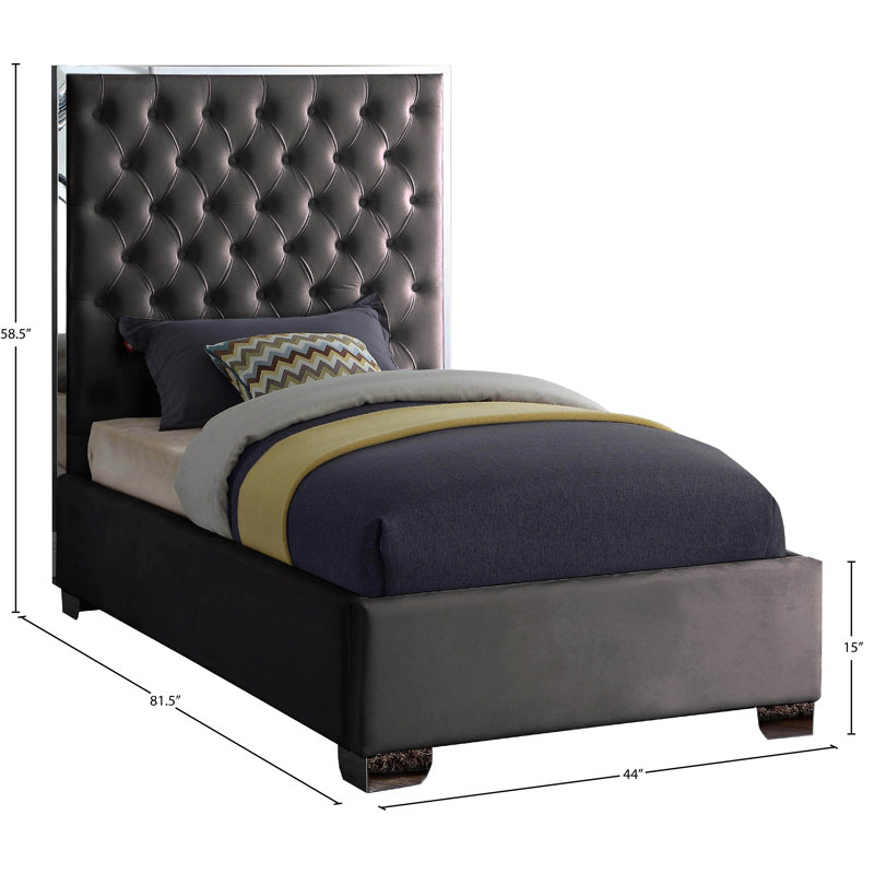 Spadaro Upholstered Platform Bed, Grey Velvet, Silver, Twin