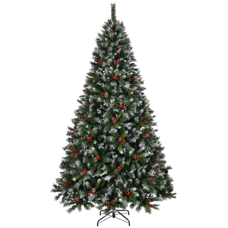 Arbre de Noël artificiel enneigé 7 pi avec 600 lumières, pommes de pin, baies rouges et branches articulées, arbre de Noël pré-décoré avec base en métal