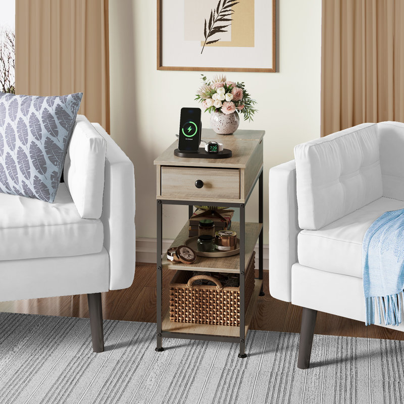 Reggis 24'' End Table with Power Outlets & USB, Side Table with Drawer and 2 Shelves, Farmhouse Side Table for Small Spaces, End Table With Drawer For Living Room, Bedroom
