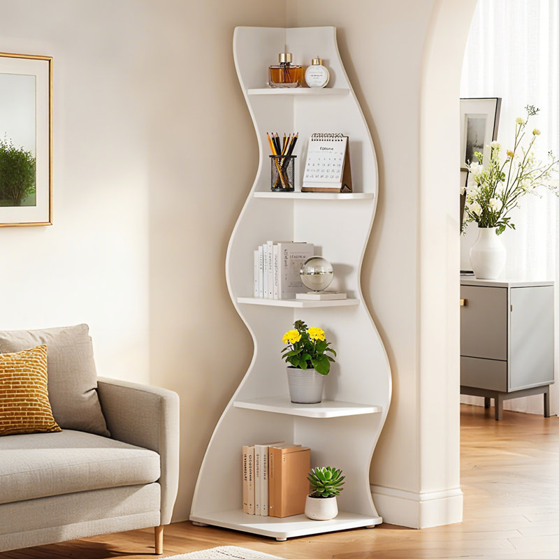 Modern Corner Bookcase, 5-Tier Bookshelf for Living Room,Bedroom, Home Office, White