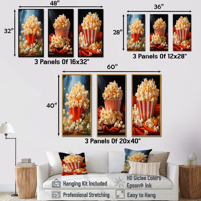 Carnival Kernels Bright Pop Corn Fiesta I - Popcorn, ensemble de 3 reproductions d'art sur toile, Cadre flottant noir
