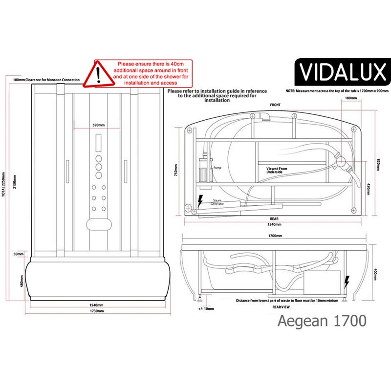 Vidalux Aegean 1700 Steam Shower Whirlpool 1700 x 900, Black