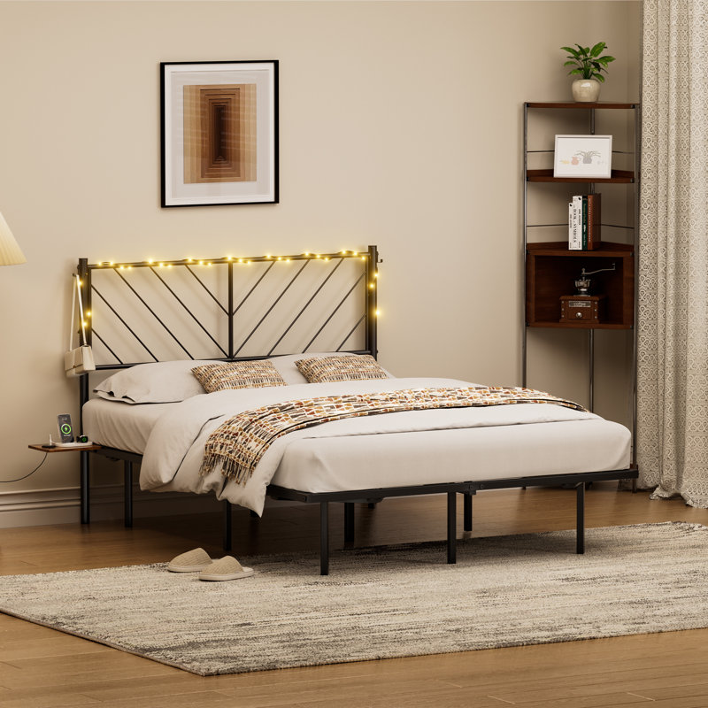 Double Bed Frame with Storage Shelves, USB Charge & Lighting