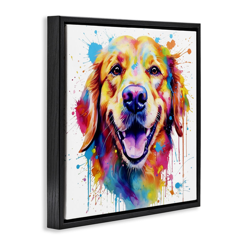 Happy Dog Paint Drip, H 18 po x l 18 po, Cadre flottant noir de jais