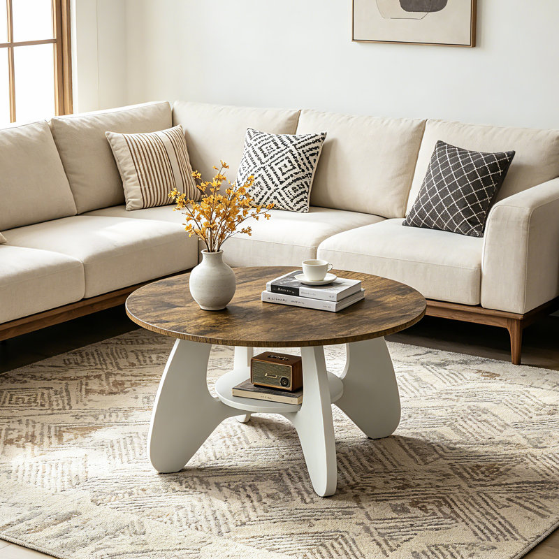 Table basse 31,5 "pour le salon, table d'appoint en bois à 2 niveaux avec rangement ouvert, Brun rustique / Blanc
