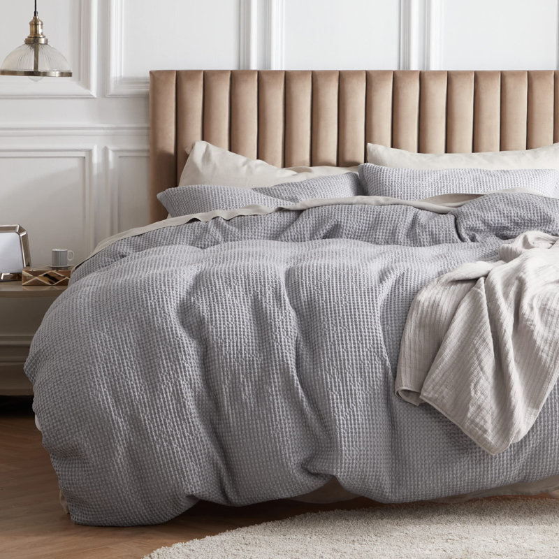 Essential Collection 100% Cotton Waffle Weave Duvet Cover Set, Gray, Queen Duvet Cover + 2 Standard Shams