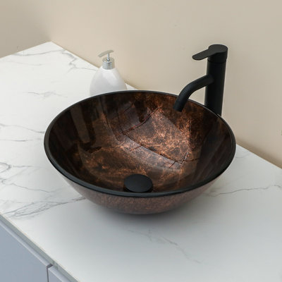 16.5" Circular Glass Bathroom Sink Vessel Sink with Pop-Up Drain and Faucet Combo