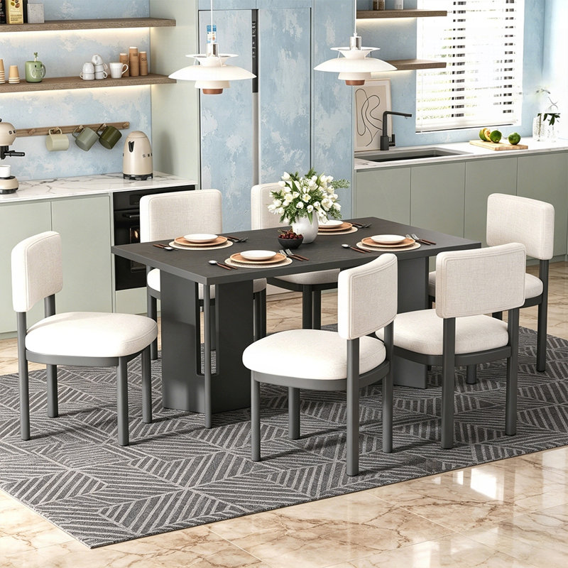Table de salle à manger en bois pour 6 personnes avec chaises rembourrées Farmhouse, Gris