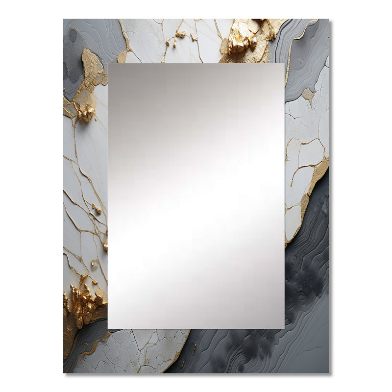 Minimalism White Gold Poteries - Abstract Spirals Decorative Mirror, White Wall Mirror, Printed Metal Art, 32" x 24"