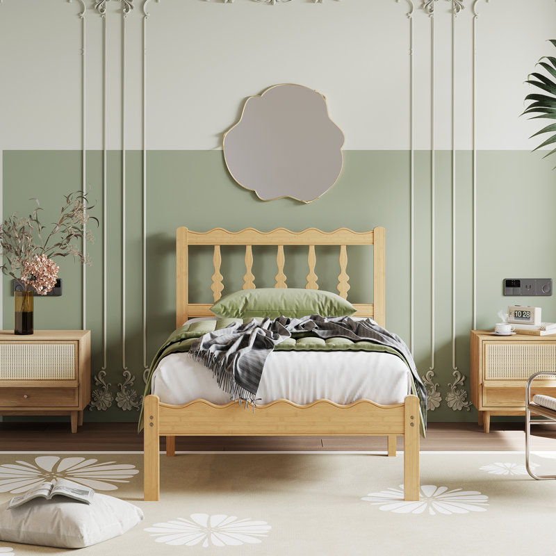 Solid Wood Twin Xl Bed Frame with Wavy Headboard, No Box Spring Needed, Bamboo&Metal, Twin XL, 14"