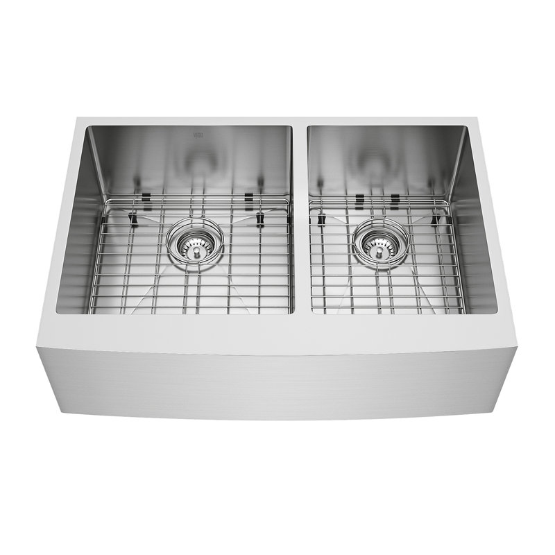 Bingham 33" L x 22 " W Double Basin Farmhouse Sink with Sink Grid