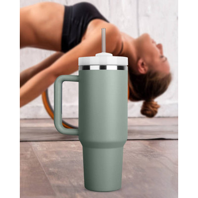 Tasse à fond plat de 40 oz (environ 1134,0 g) avec poignée et couvercle en paille, bouteille d'eau en acier inoxydable isolée et réutilisable, tasse de voyage, tasse à café glacée, tasse de voyage, convient aux boissons chaudes et froides 40 oz (en