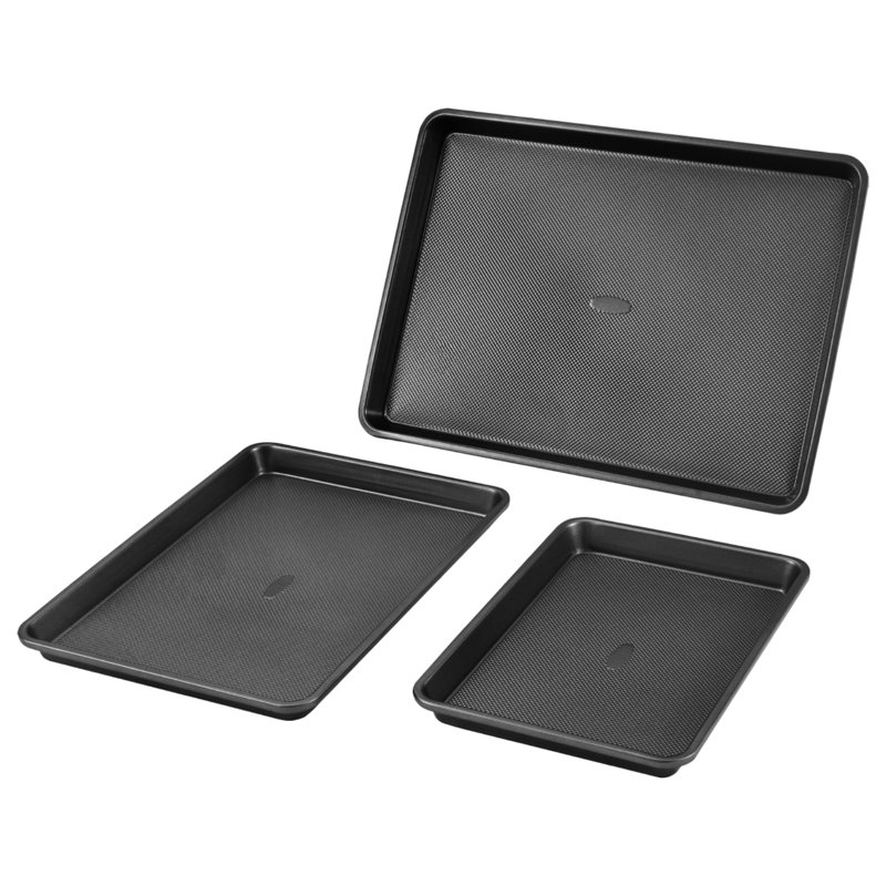 Ensemble de plaques de cuisson antiadhésives en acier au carbone 3 pièces avec poignée en silicone, Noir