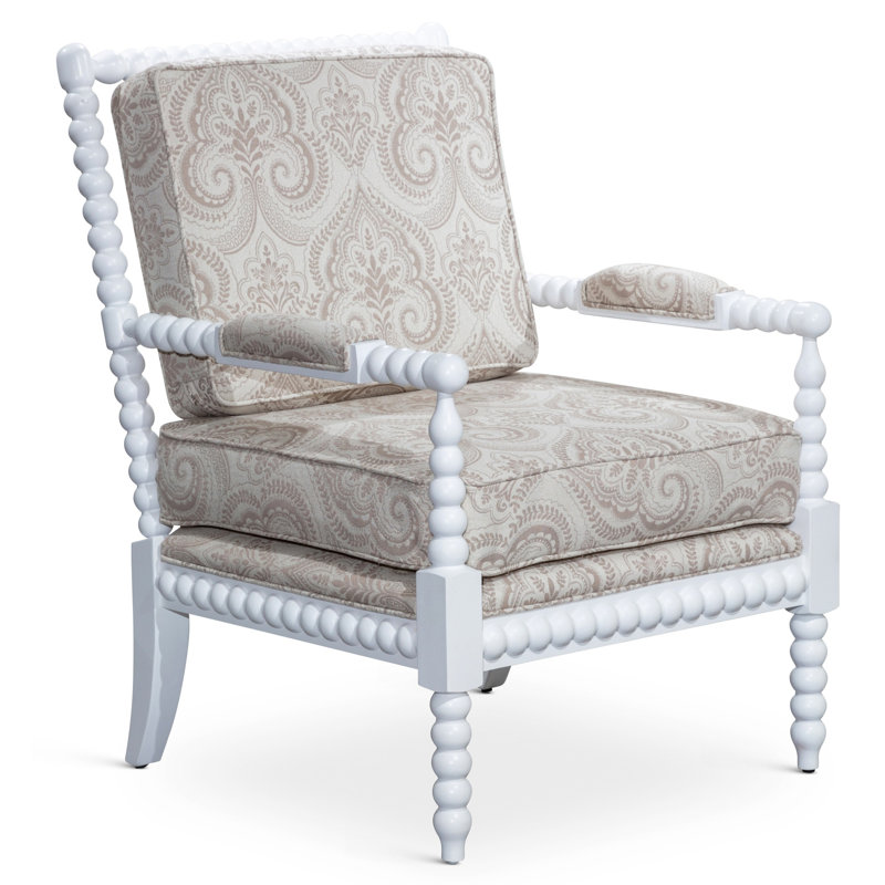 Fauteuil Spindle en blanc, accents de cachemire taupe, bois franc, siège blanc confortable avec poids cachemire de 53 lb, structure en bois franc, H 16 po