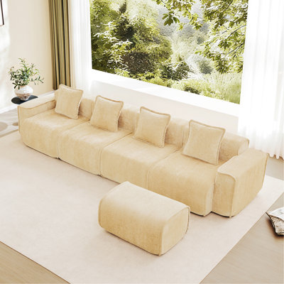 Modular Sectional Sofa, 4-Seat Sofa Couch With Throw Pillows And 1 Movable Ottoman