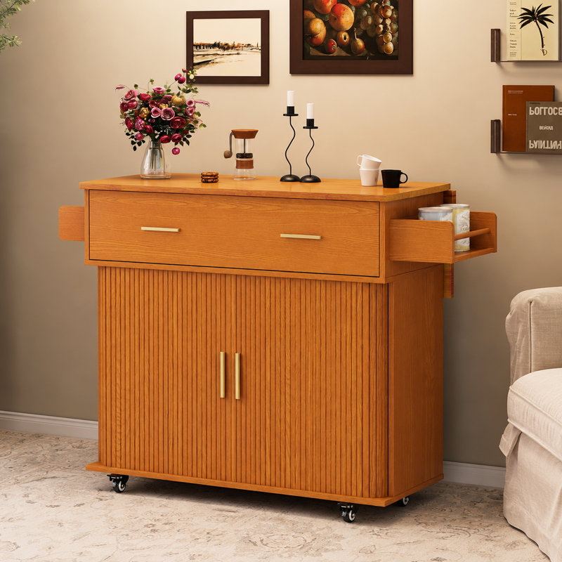 Chariot pour îlot de cuisine cannelé 39,4 pouces avec roulettes, comptoir pliable, armoire de rangement à porte coulissante, tiroirs et étagère ouverte à 2 niveaux pour la salle à manger de cuisine