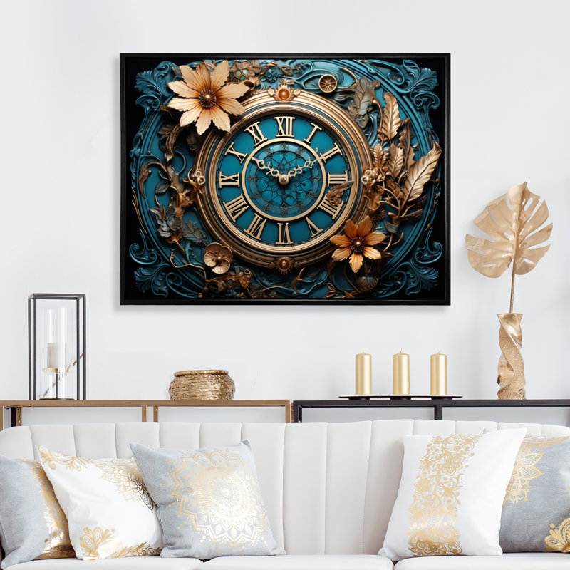 Horloge industrielle Elegance I - art sur toile tendance, Cadre flottant noir, H 34 po x l 44 po x P 1,5 po