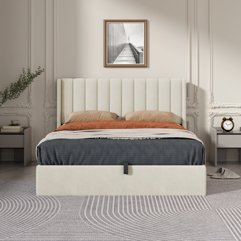 Daizia Lift Up Storage Platform Bed with Wingback Headboard, Cream, Queen
