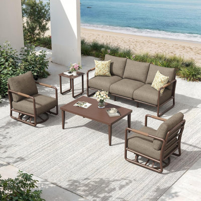 5-Piece Outdoor Aluminum Patio Furniture Set, All-Weather Patio Conversation Set with 2 Swivel Rocking Chairs