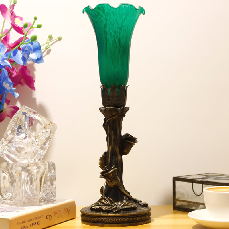 Green Glass Tulip Flower Accent Desk Lamp with Resin Base