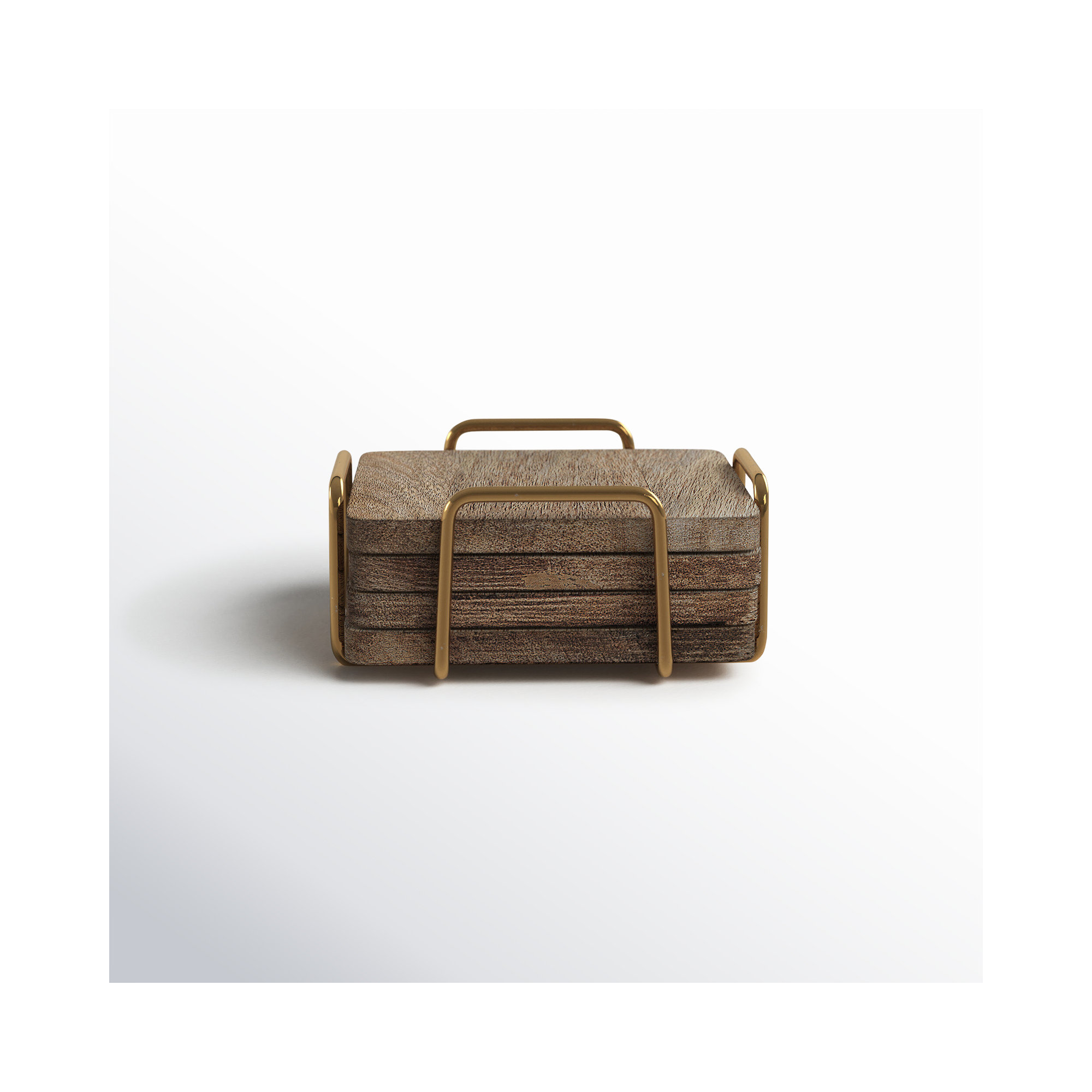 Wallis Godinger Wooden Coaster Set with Holder, Burned/Gold