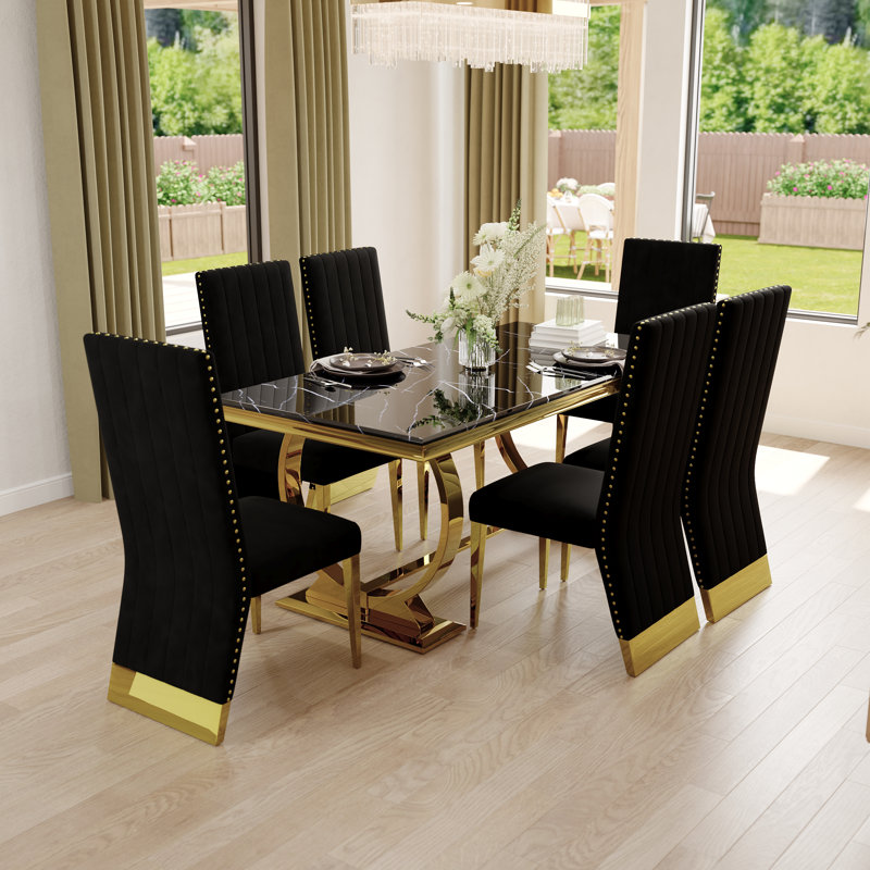 Ensemble de table de salle à manger de luxe 7 pièces avec 6 chaises en velours, Noir / or, Noir, Or