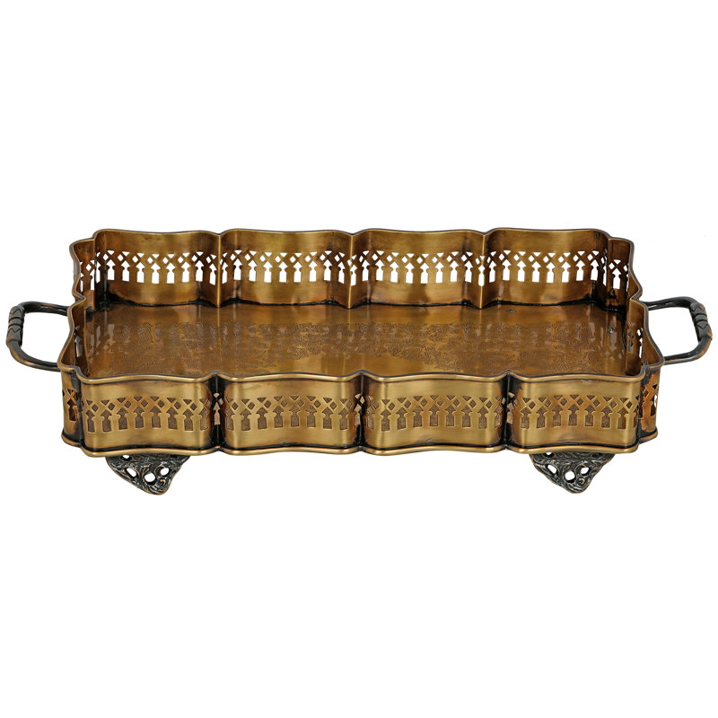 Handcrafted Rectangular Brass Vented Decorative Tray with Stylized Design - Premium Metal Serving Display Tray