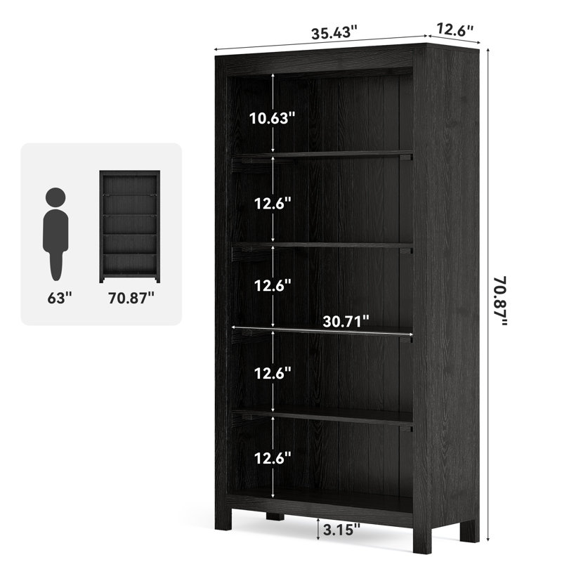 Rustic Solid Wood 5-Shelf Bookcase - Farmhouse Style Open Storage Shelving Unit For Living Room/Office, Black