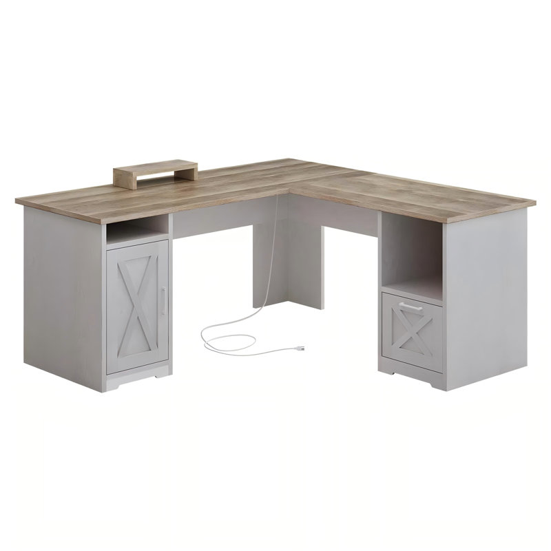 Bureau en forme de L de 59 po avec prises de courant et tiroir classeur Draco, Chêne