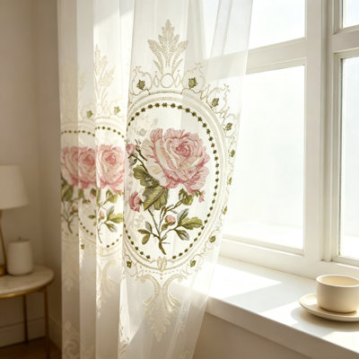 2Panels American Luxury Peony Embroidery Tulle Curtain For Living Room European Elegant Flower Embroidery Sheer Voile Drapes Bedroom Grommet top (WHITE,Grommet top (Pack of 2))