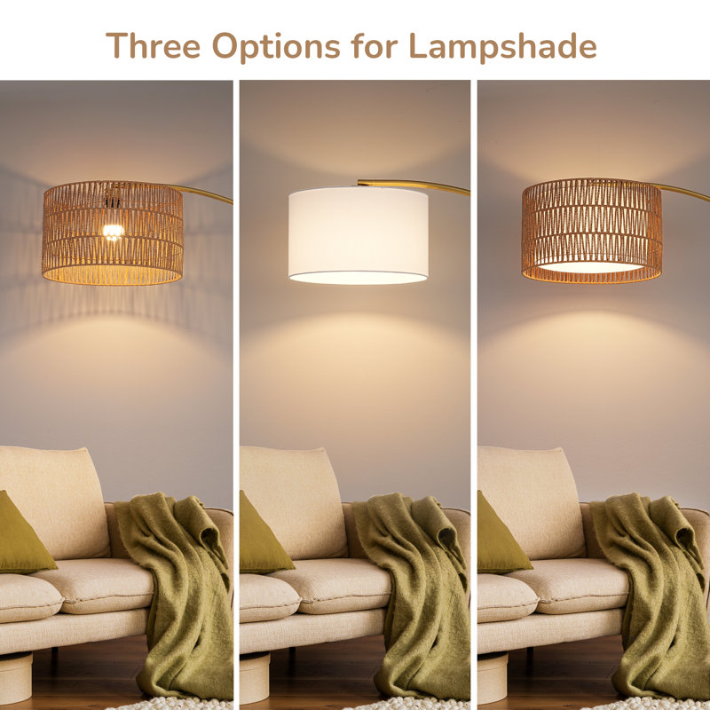 76'' Rattan Arched Dimmable Floor Lamp With Remote Control And Bulb Included, Gold/Matte Black