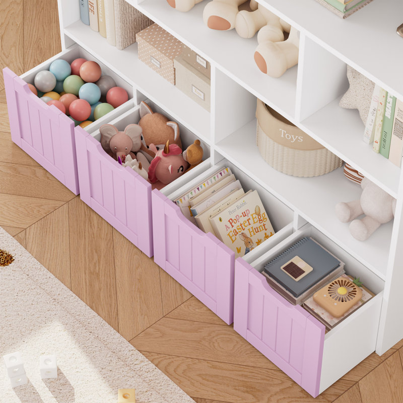 57.5"H 5-Tier Cube Storage Bookcase, Standard Bookcase with 4 Removable Drawers, Lavender Pink/White