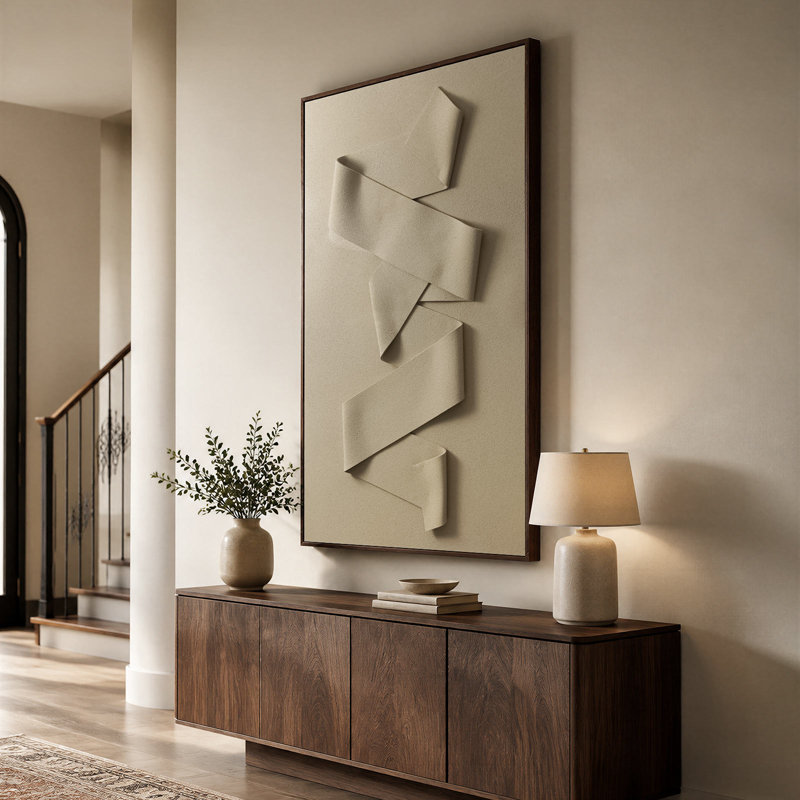 Art mural surdimensionné encadré pour le salon et l'entrée, relief dimensionnel en forme de ruban crème sur fond gris chaud avec cadre de couleur noyer, 32 x 48 pouces