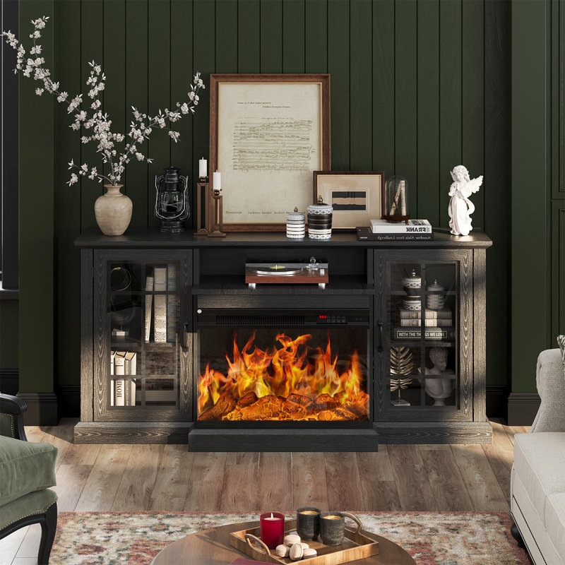 Eijah 3-Sided Glass Fireplace TV Stand with Electric Fireplace, Farmhouse Media Console, Black