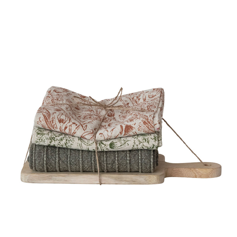 Ensemble de 3 torchons en coton délavé à motif de pierres et plateau de service en bois de manguier avec poignée