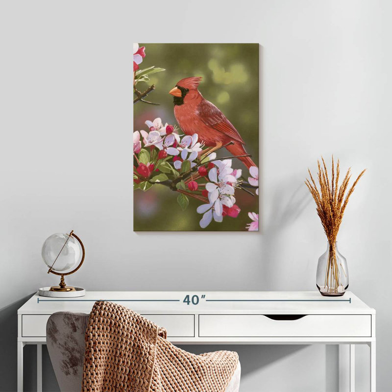 Brampt cardinal avec des fleurs de pommier, H 24 po x l 16 po