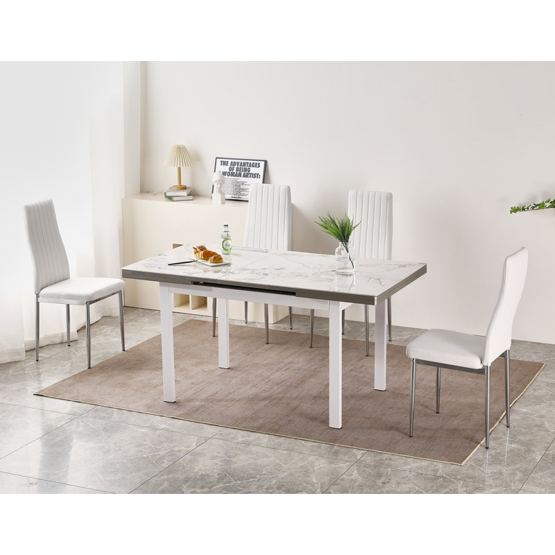 Jade White Sintered Stone Extending Dining Table with 4 Monza Chairs, White