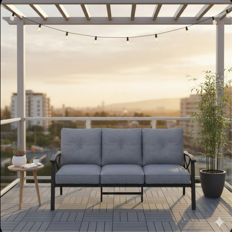 Canapé de patio 70 po 3 places toutes saisons en métal, structure kaki avec coussins, Gris