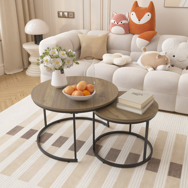 Table,Nesting Coffee Table Set Of 2, 27.6Inch Round Coffee Table Industrial Wood Finish With Sturdy Metal Frame,  End Table Side Tables For Living Room Bedroom Balcony Yard