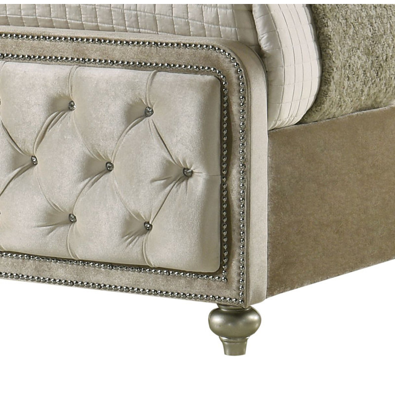 Beige Velvet Queen Bed with Tufted Headboard and LED