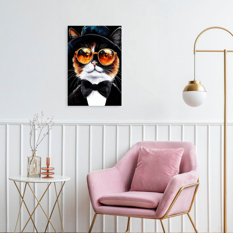 Dapper Cat Cityscape Reflections Elegant Abstract Contemporary Cat City Portrait, art mural, H 24 po x l 16 po