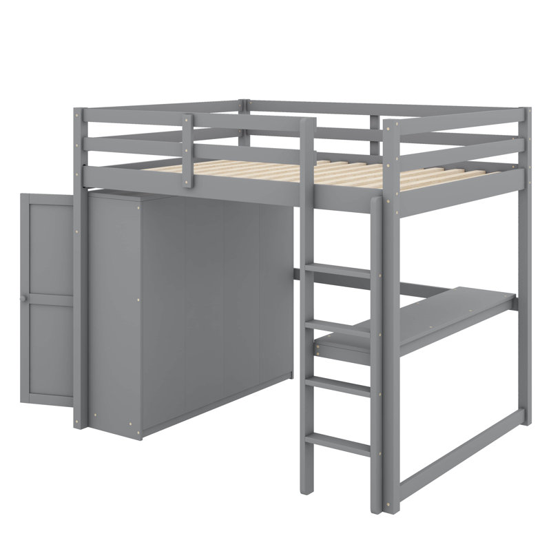 Lit mezzanine double en bois avec tablettes et tiroirs de bureau intégrés, Gris
