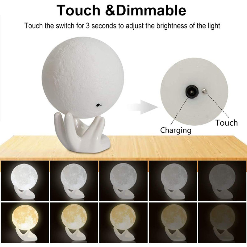 3D Printed Moon Lamp with Ceramic Hand Base, Dual-Color LED